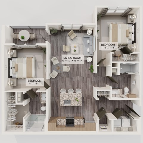 Floor plan for 2 beds, 2 baths, 1067 sqft